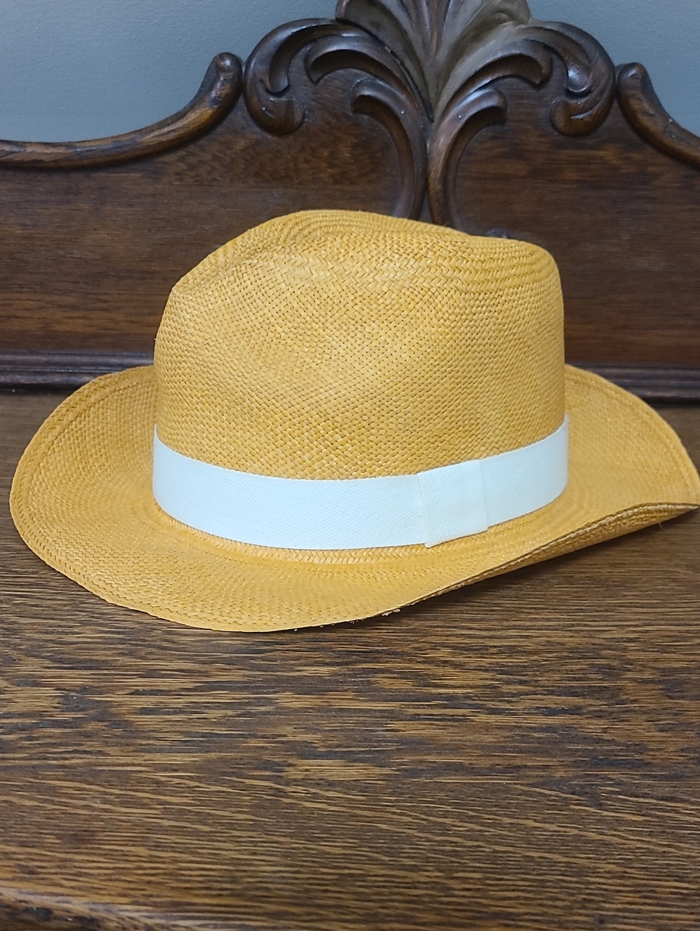 J. Crew Mustard Yellow Straw Fedora with White Band
